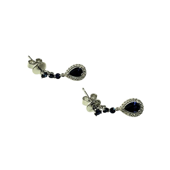 14K White Gold Sapphire and Diamond Drop Earrings JAGi Certified #15951 - Picture 3 of 8